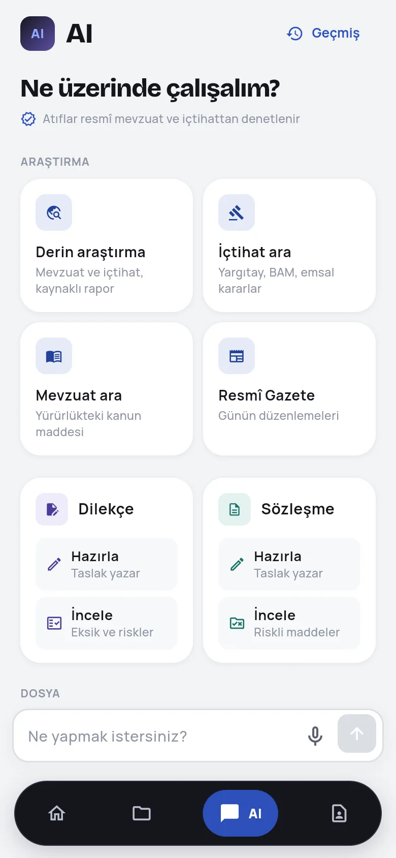 Avukatım yapay zekâ sayfası: araştırma, dilekçe, sözleşme ve dosya işleri